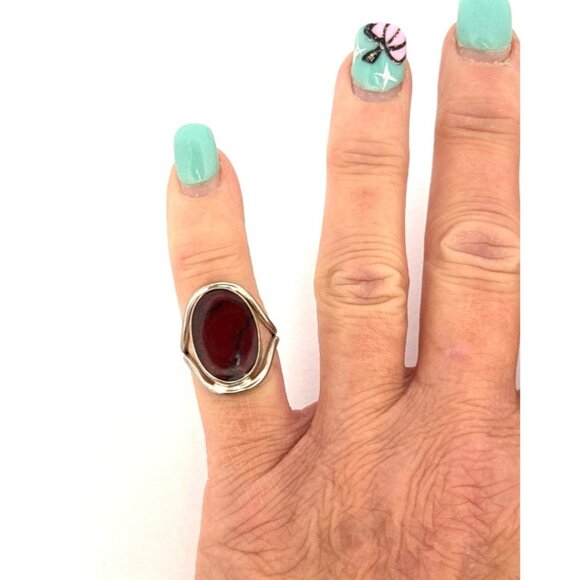 Vintage Sterling Silver Red Jasper Oval Statement Ring Size 5.5 Taxco Mexico - Picture 5 of 11